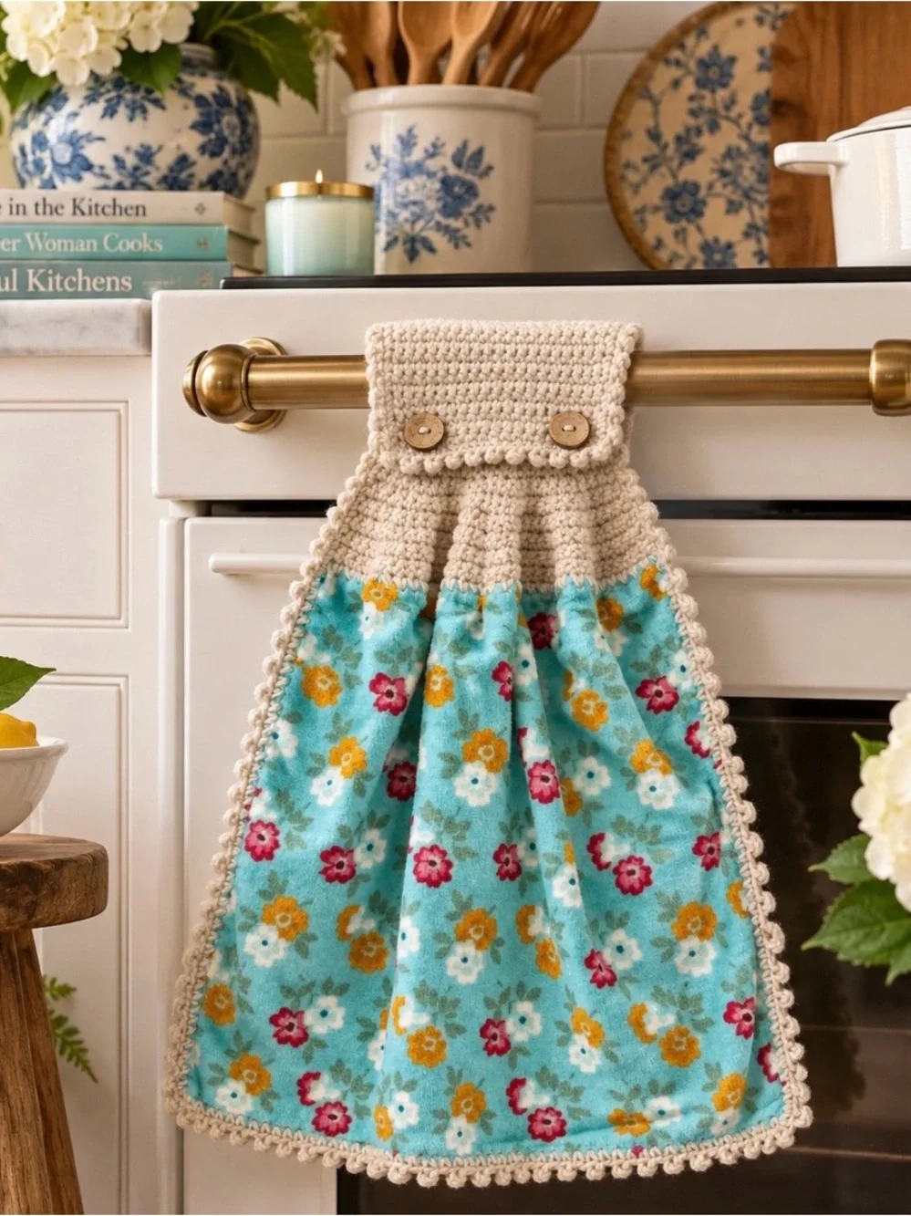 Handmade Pioneer Woman Turquoise Floral Crochet Hanging Kitchen Towel